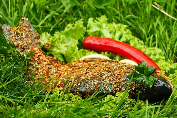 Carpa al forno con spezie e verdure in fiamme su sfondo verde — Foto Stock