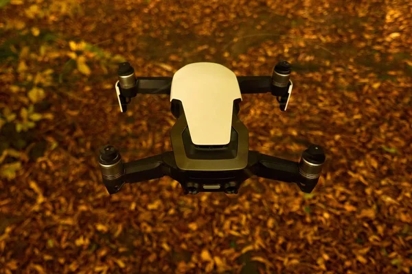 Drone che vola nel parco autunnale, da vicino — Foto Stock