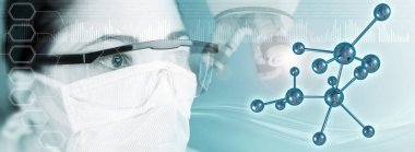 kadın bilim adamı, mikroskop ve mavi arka plan, 3d çizim moleküler yapısında