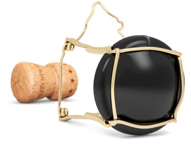 Beyaz arka plan üzerinde izole şampanya şişesi tıpa 3D çizimi