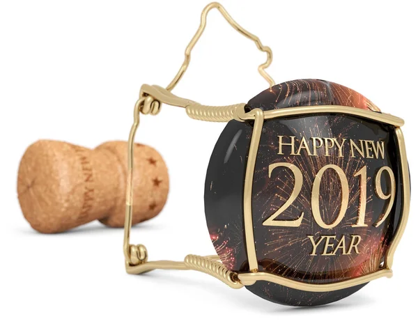 2019 Feier Champagner Stopfen Isoliert Auf Weiß Illustration — Stockfoto