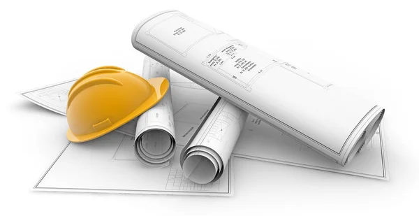 Blueprints Rolled Hardhat Isolated White Background — Stock Photo, Image