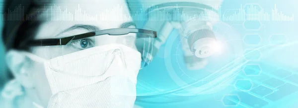Läkare Med Skyddande Mask Och Glasögon Blå Bakgrund Illustration — Stockfoto