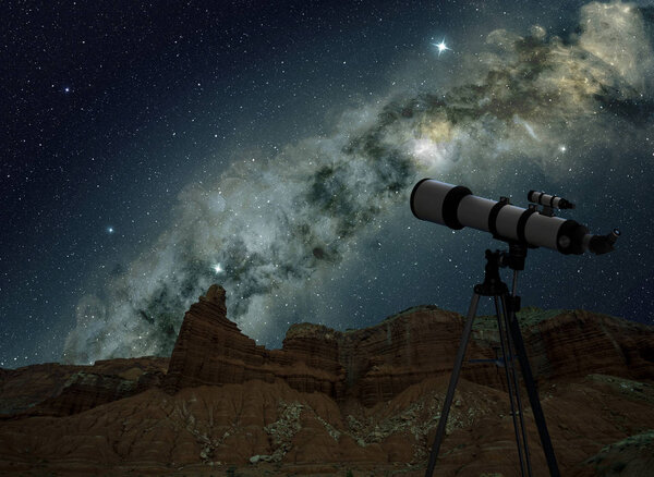 telescope on tripod looking at the milky way in night sky