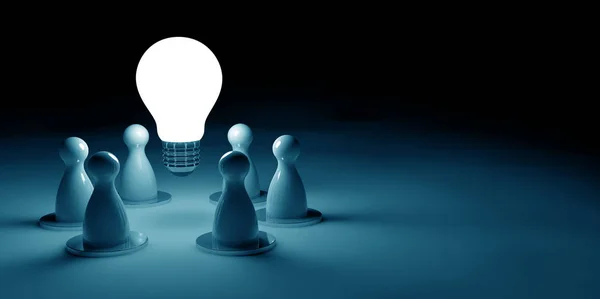 Glowing Light Bulb Chess Pawns Dark Blue Background Copy Space — Stock Photo, Image