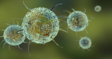 yeşil arka planda virüs hücreleri, 3d illüstrasyon