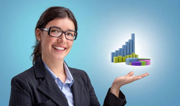 Smiling Young Businesswoman Showing Financial Growth Charts — Stock Photo, Image