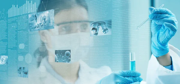 科学的なスクリーンと化学者が実験管を背景に3Dイラストを持ち — ストック写真