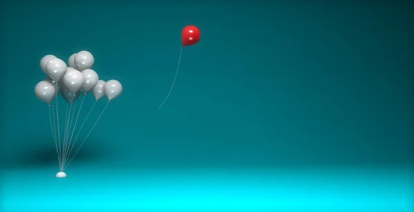 水色の背景に白い風船の束から飛び出る赤い風船3次元イラスト — ストック写真