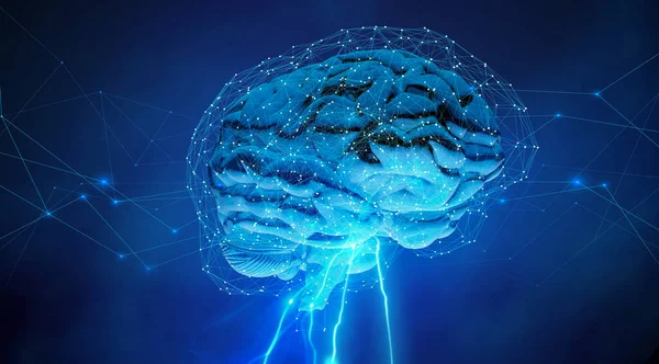 digital neural network around a human brain, 3d illustration