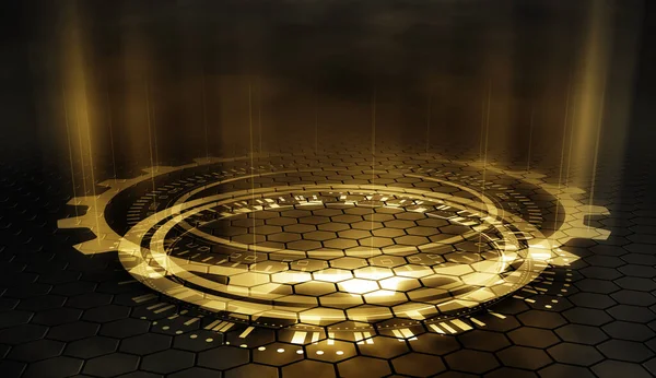 Glowing Circular Circuit Hud Interface Hexagonal Floor Futuristic Holographic Interface — Stock Photo, Image