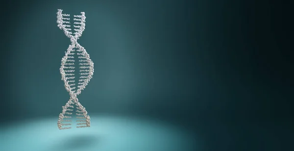 3d illustration of DNA helix floating under a spotlight isolated on blue background with copy space