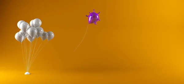 コロナウイルスの形をした風船白い風船の束から飛んで Covid 19流行の終わりの概念 3Dイラスト — ストック写真