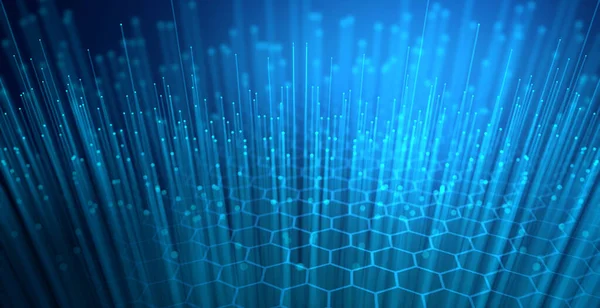 optical fibers with bokeh and glare effect on tips on hexagonal blue background, 3d illustration
