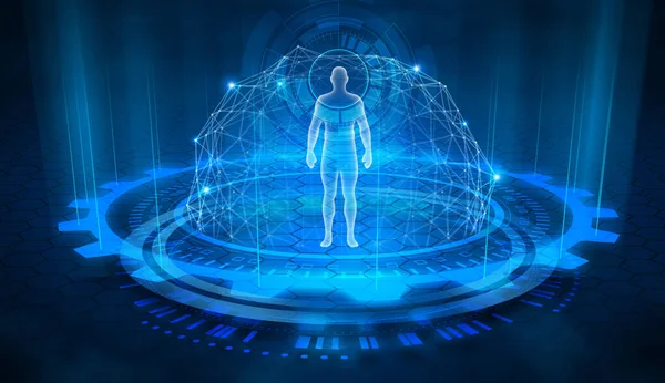 Lichaamsscan Voor Gezondheidsanalyse Futuristische Hud Interface Hologram Blauwe Toon Achtergrond — Stockfoto