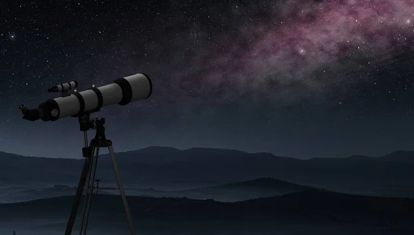 放置在山上的望远镜 指向银河 天文观测概念 业余爱好和空间科学 — 图库照片