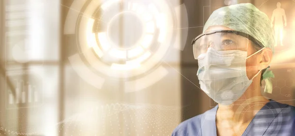 Porträt Einer Ärztin Mit Mütze Brille Und Schutzmaske Die Auf — Stockfoto