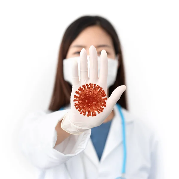 Female Doctor Wearing Gloves Protective Mask Makes Gesture Stop Coronavirus — Stock Photo, Image