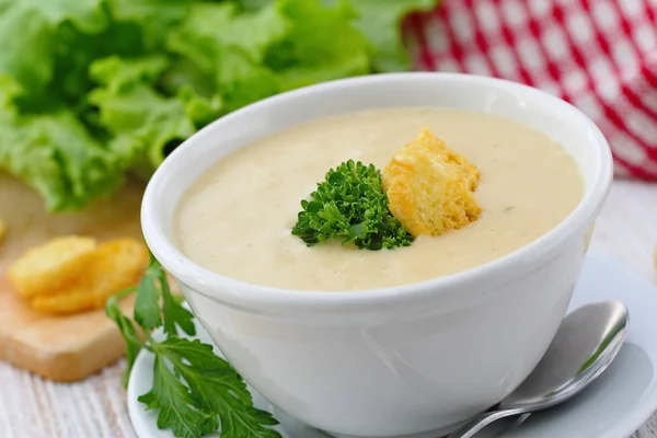 Delicious Cream Soup Chicken Meat Cheese Served Greens Croutons — Stock Photo, Image