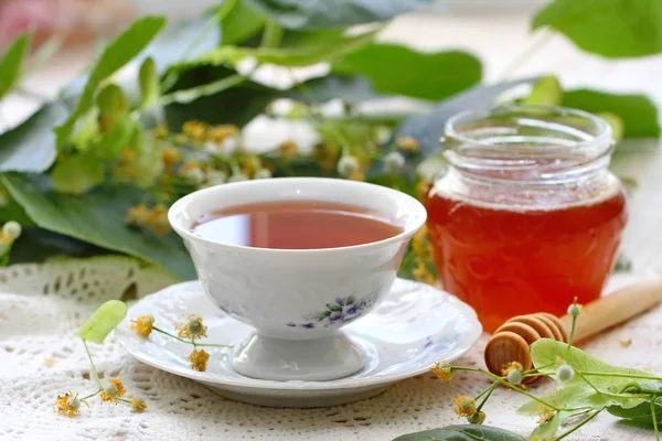 Cup Herbal Tea Linden Flowers Honey Lemon — Stock Photo, Image