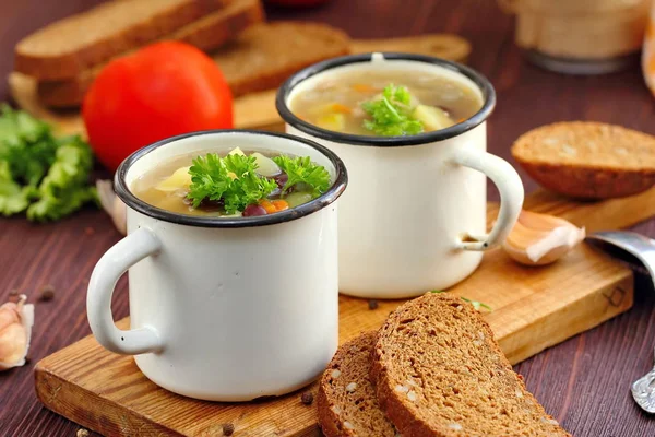 Домашний Суп Красной Фасолью Овощами Подаваемые Специями Зеленью — стоковое фото