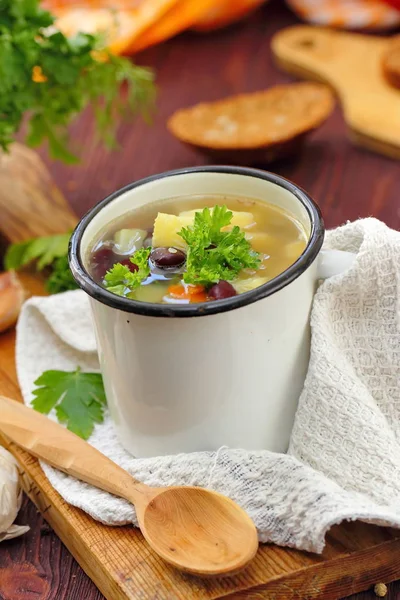 Homemade Soup Red Kidney Beans Vegetables Served Spices Greens — Stock Photo, Image