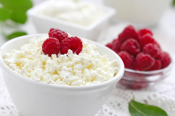 Healthy Breakfast Cottage Cheese Fresh Raspberry Ready Eat — Stock Photo, Image