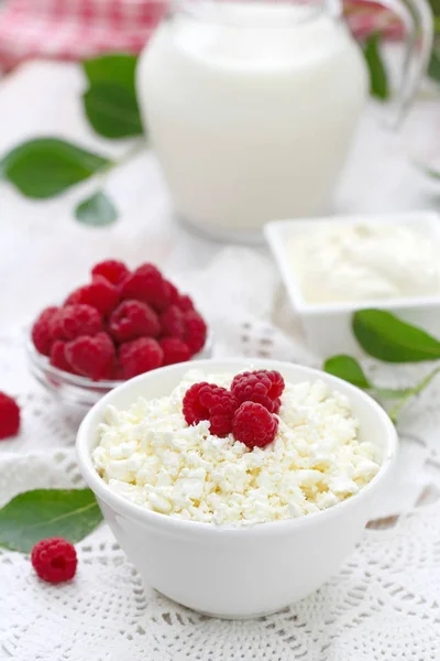 Healthy Breakfast Cottage Cheese Fresh Raspberry Ready Eat — Stock Photo, Image