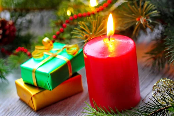 Burning Candles Christmas Decorations Festive Party — Stock Photo, Image
