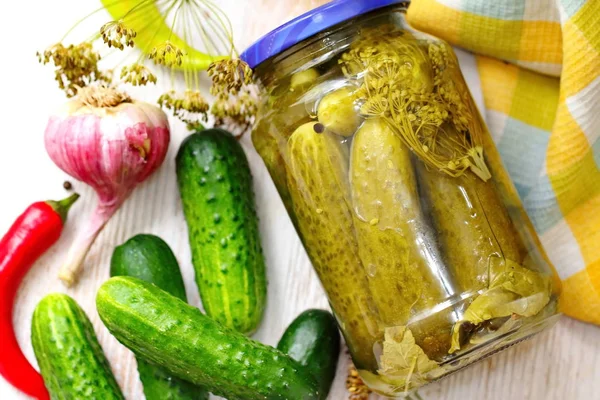 Preparing Homemade Pickles Preserving Pickled Cucumbers Glass Jar Homemade Preservation — Stock Photo, Image