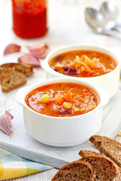 National cuisine. Traditional Russian Ukrainian vegetable borscht soup