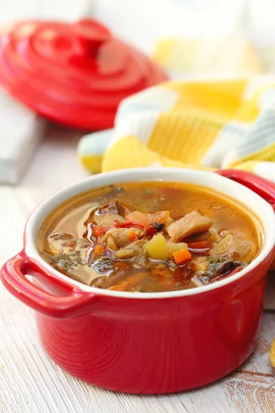 Homemade Vegetarian Mushroom Soup Vegetables Pan Ready Dinner — Stock Photo, Image
