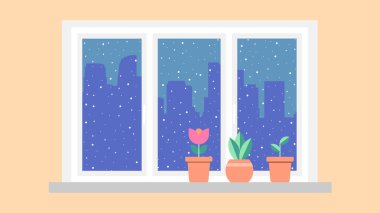 Kar yağışı ve ev bitkileri düz tasarım vektör ile kış penceresi