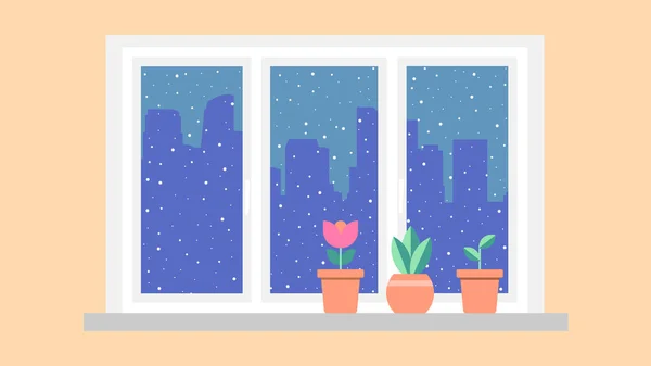 Kar yağışı ve ev bitkileri düz tasarım vektör ile kış penceresi