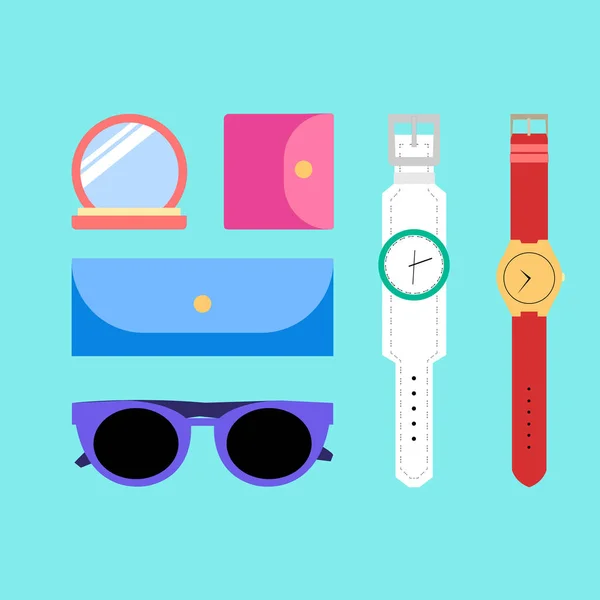 Renkli parlak güneş gözlüğü, çanta ve kol saati koleksiyonu