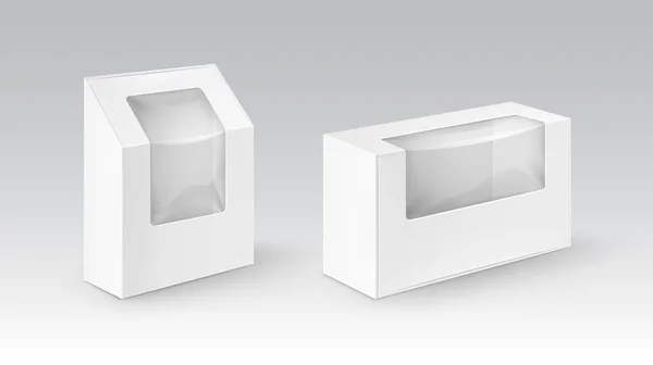 Vektor-Set aus weißen leeren Kartons Rechteck zum Wegnehmen Verpackungen für Sandwich, Lebensmittel, Geschenk, andere Produkte mit Kunststoff-Fenster-Attrappe in Nahaufnahme isoliert auf weißem Hintergrund — Stockvektor
