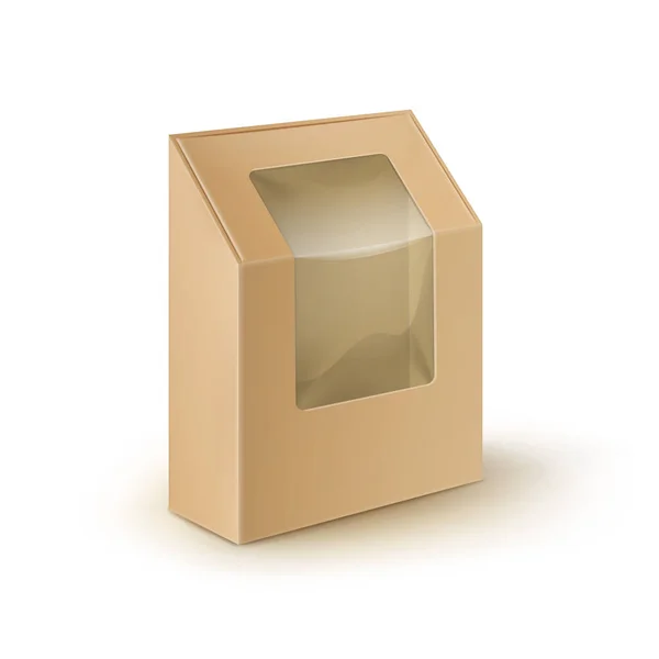 Векторный коричневый пустой картон прямоугольник Упаковка для бутербродов, продуктов питания, подарков, других продуктов с пластиковым окном макет вблизи изолированы на белом фоне — стоковый вектор