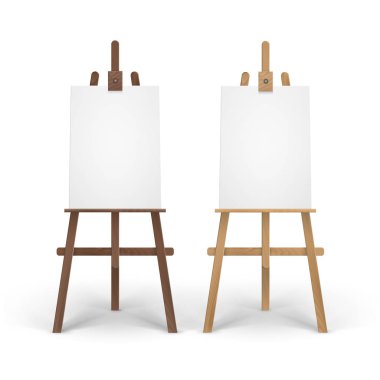 Boş boş dikey tuval üzerinde arka izole kadar sahte ile ahşap kahverengi Sienna Easels vektör kümesi