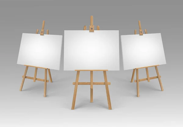 Vector Set of Brown Sienna Wooden Easels with Mock Up Empty Blank Canvases Isolated on Background — Stock Vector