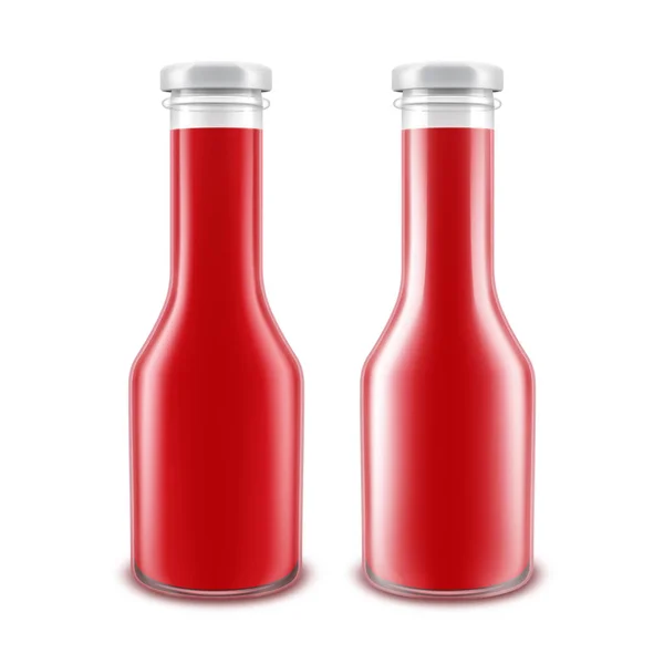 Vektor-Set aus leerem Glas glänzend rote Tomatenketchup-Flasche für Branding ohne Etikett isoliert auf weißem Hintergrund — Stockvektor