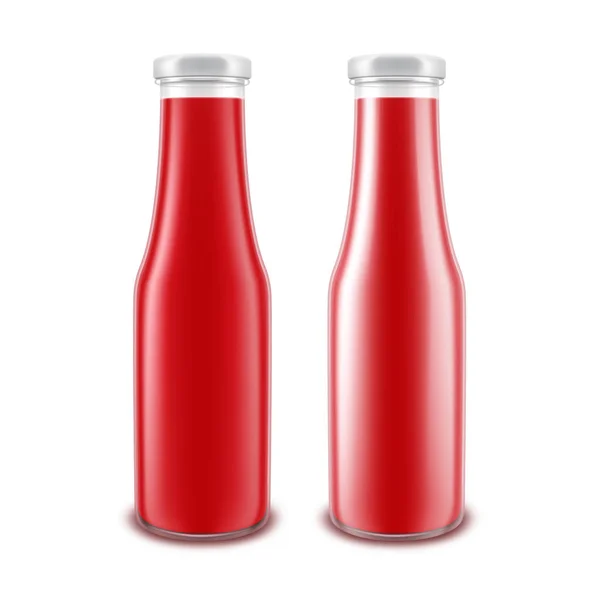 Set vettoriale di bottiglia di ketchup di pomodoro rosso lucido in vetro bianco per branding senza etichetta isolata su sfondo bianco — Vettoriale Stock