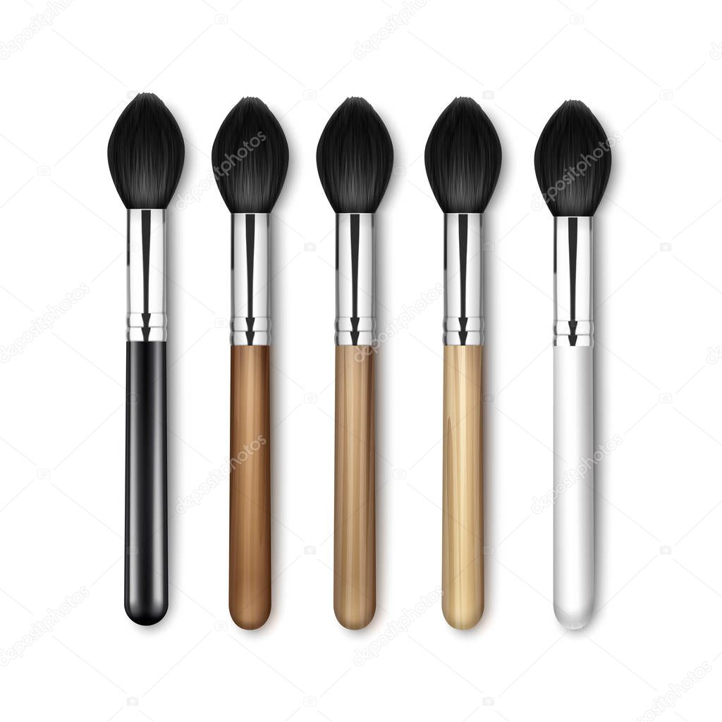 Vector Set of Black Clean Professional Makeup Blush Brush with Black White Wooden Handle Isolated on White Background