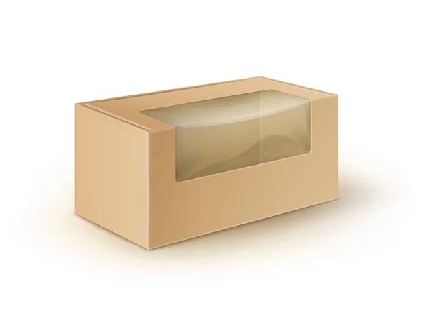 Vektorové Brown prázdné kartonové obdélník vzít pryč Box balení pro sendvič, jídlo, dárky, další produkty s plastové okno vysmívat se zblízka izolované na bílém pozadí — Stockový vektor