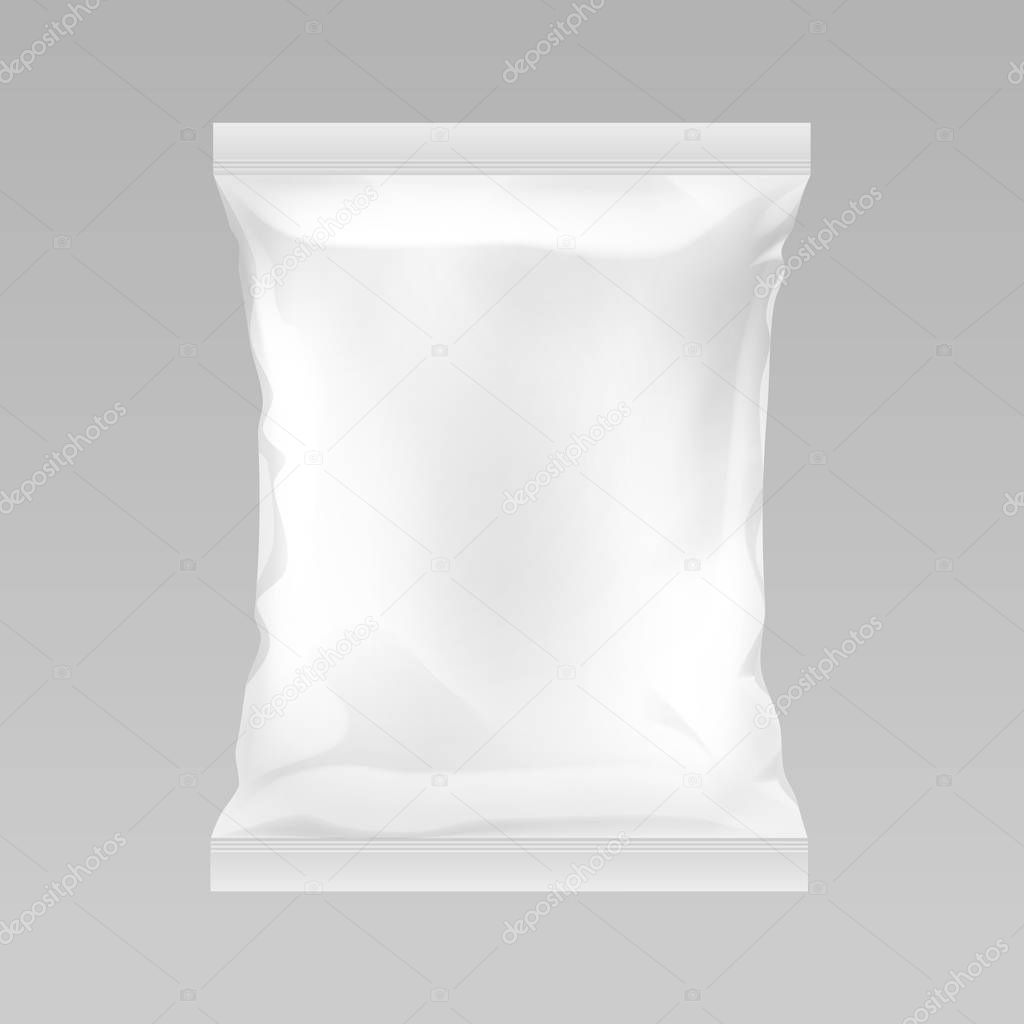 Vector White Vertical Sealed Empty Plastic Foil Bag for Package Design with Smooth Edges Close up Isolated on Background