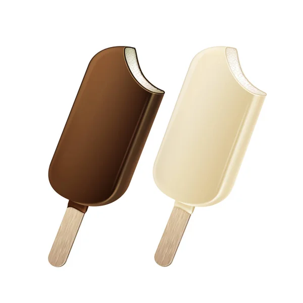 Vector instellen of gebeten Popsicle Choc-ice Lollipop Ice Cream in donkere melk witte chocolade glazuur op Stick met vullen close-up geïsoleerd op achtergrond — Stockvector