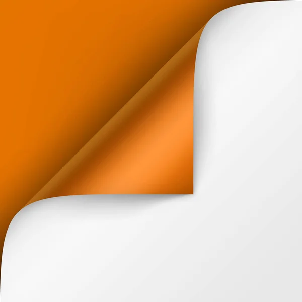 Angolo arricciato vettoriale della carta bianca con ombra Falsa in primo piano Isolato su sfondo arancione brillante — Vettoriale Stock