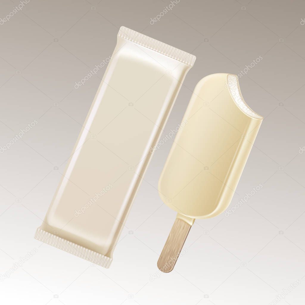 Vector Classic Bitten Popsicle Choc-ice Lollipop Ice Cream in White Chocolate Glaze on Stick with White Plastic Foil Wrapper for Branding Package Design Close up Isolated on Background