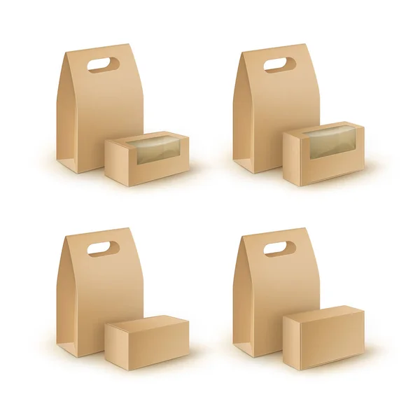 Ensemble vectoriel de boîtes à lunch rectangulaires en carton blanc brun Emballage pour sandwich, nourriture, cadeau, autres produits sans fenêtres en plastique Maquette Fermer Isolé sur fond blanc — Image vectorielle