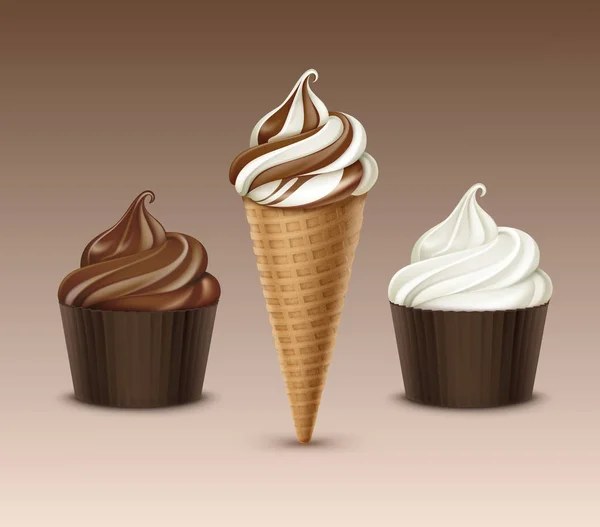 Vector set van bruine chocolade wit klassieke zachte dienen wafel ijsje en bruine karton Cup close-up geïsoleerd op achtergrond — Stockvector
