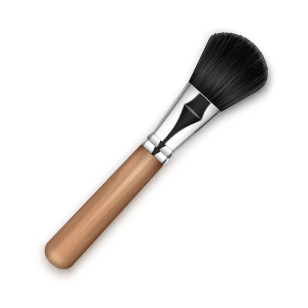 Cepillo profesional limpio negro del polvo del maquillaje del vector con la manija de madera aislada en fondo blanco — Vector de stock